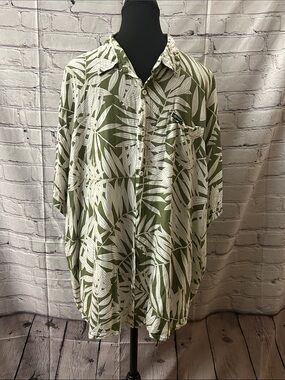 Bali Olive and White Tropical Print Short-Sleeve Button-Down Shirt